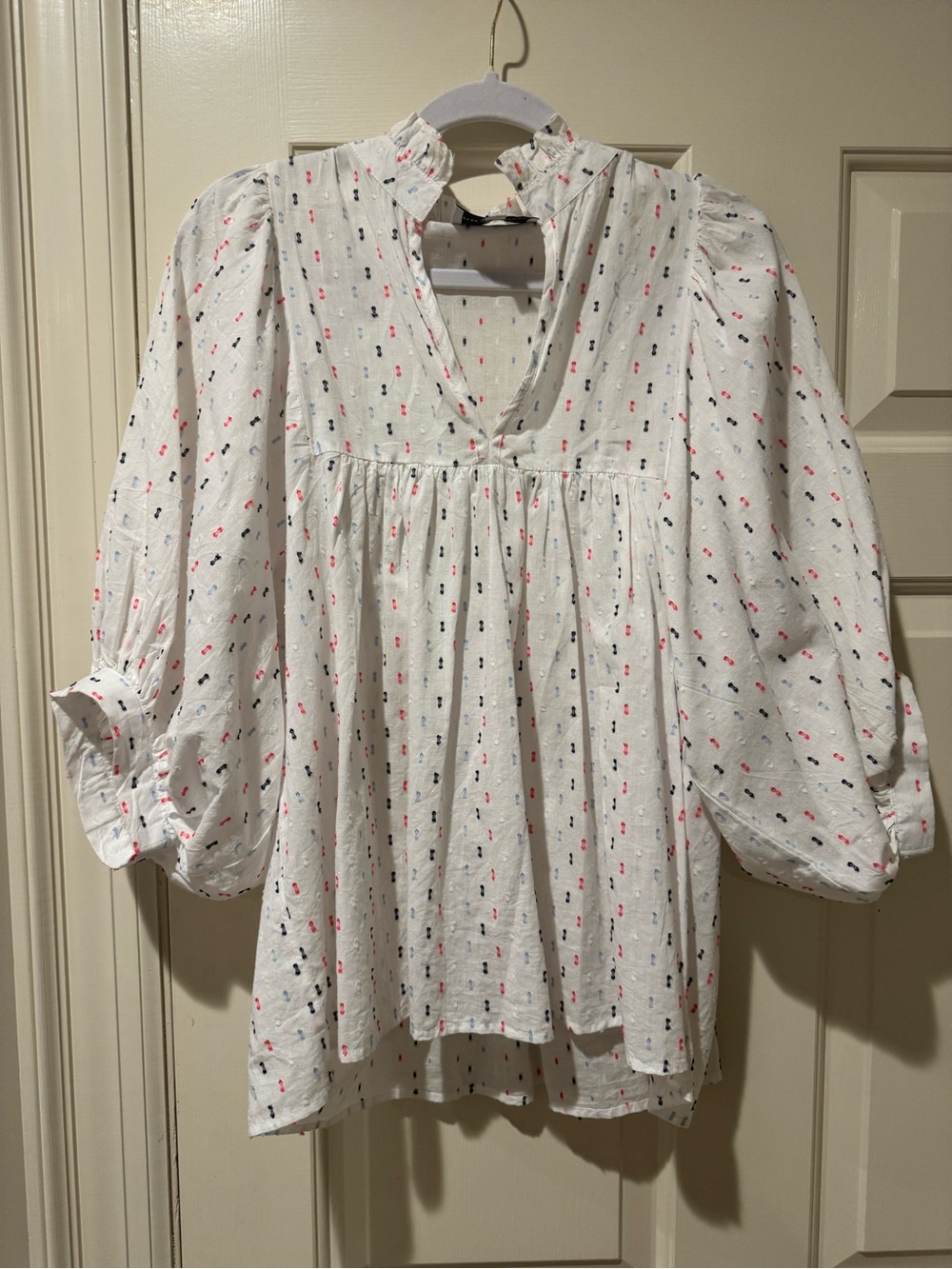 Never a Wallflower White Printed Peasant Tunic with multicolor embroidered spots